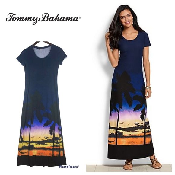 Tommy Bahama XS Small Maxi Dress Tropical Sunset Hawaiian Blue Black - Picture 1 of 4